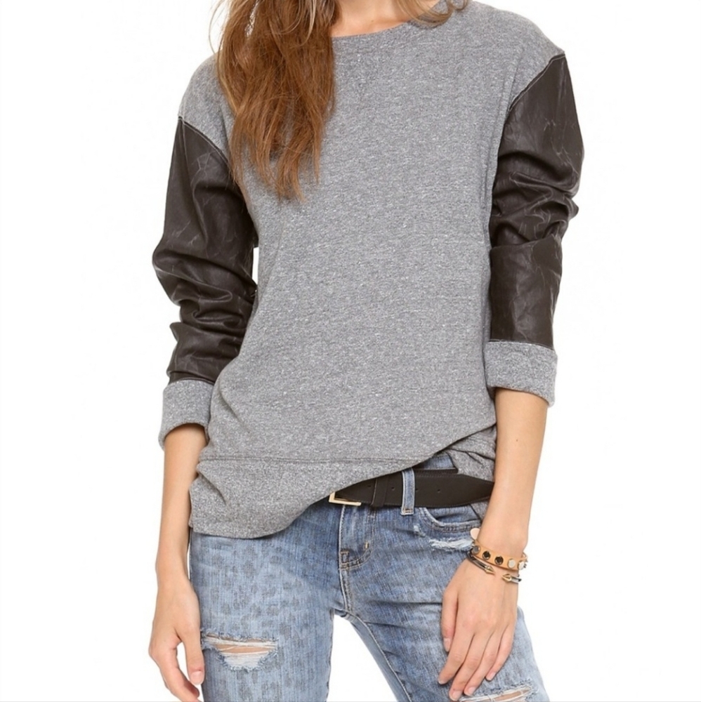 Gray Sweatshirt Faux Leather‎ Sleeves Top Edgy Casual Crewneck Pullover